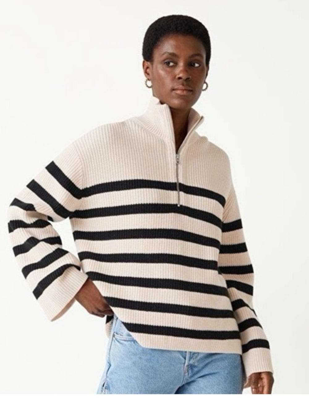 And Other Stories Half-Zip Turtleneck Sweater in Cream and Black